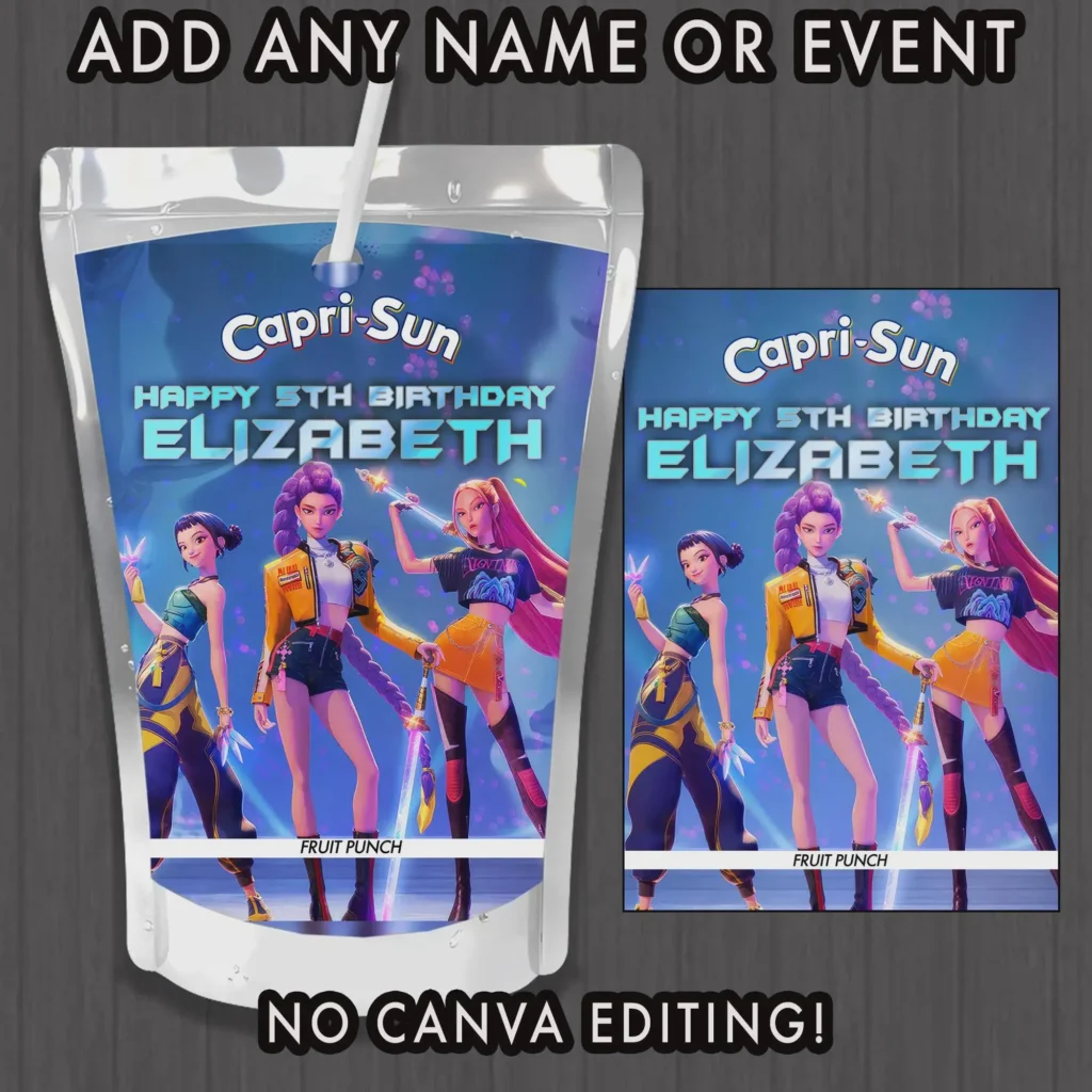 KPOP Demon Hunters Huntrix Capi Sun Pouch Label Cava Template Personalized Party Favor