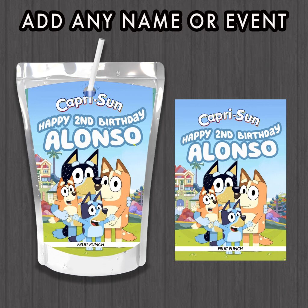Personalized Bluey Capri Sun Juice Pouch Labels (Waterproof Vinyl Stickers)