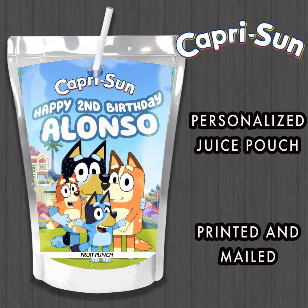 Personalized Bluey Capri Sun Juice Pouch Labels (Waterproof Vinyl Stickers)