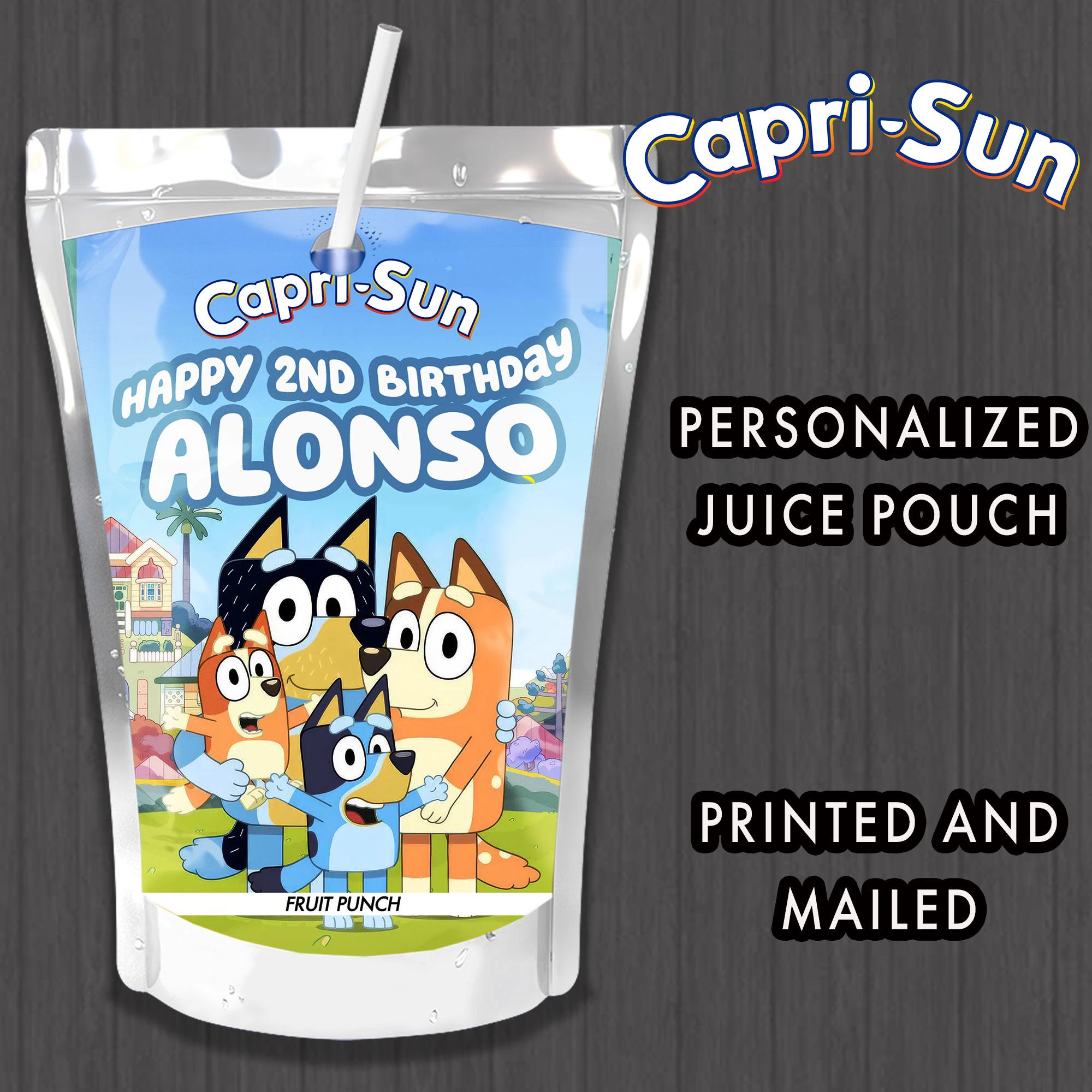 Personalized Bluey Capri Sun Juice Pouch Labels (Waterproof Vinyl Stickers) - Image 1
